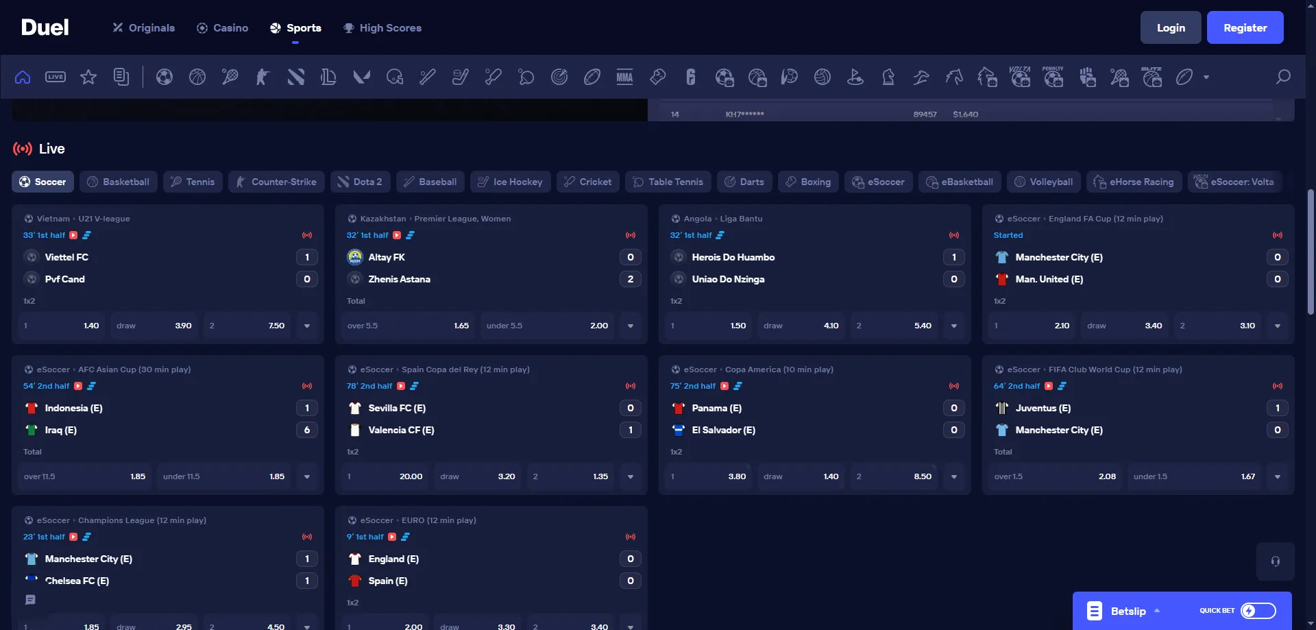 Apuestas deportivas en Duel Casino &mdash; m&aacute;s de 50 deportes disponibles